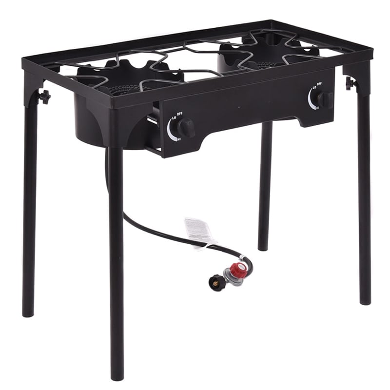 Double Burner Gas Propane Cooker Outdoor Stove Stand BBQ Grill Black Metal