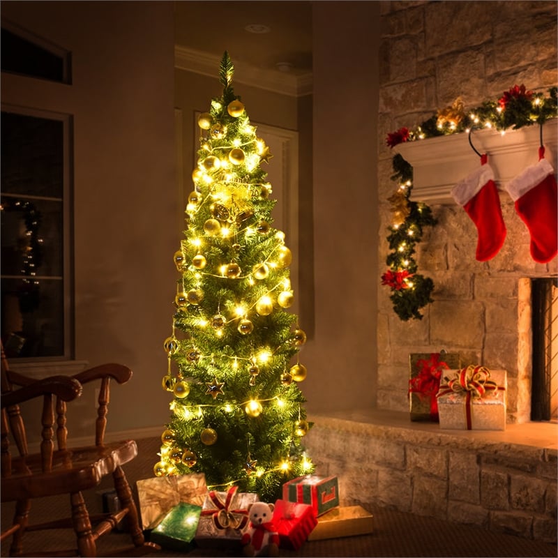 6Ft PVC Artificial Pencil Christmas Tree Slim Stand Green Home Decor Plastic
