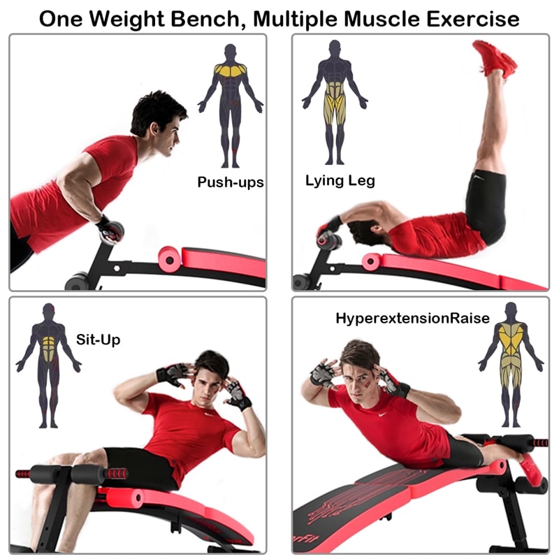 SuperFit Folding Weight Bench Adjustable Sit-up Board Curved Bench Red Leather