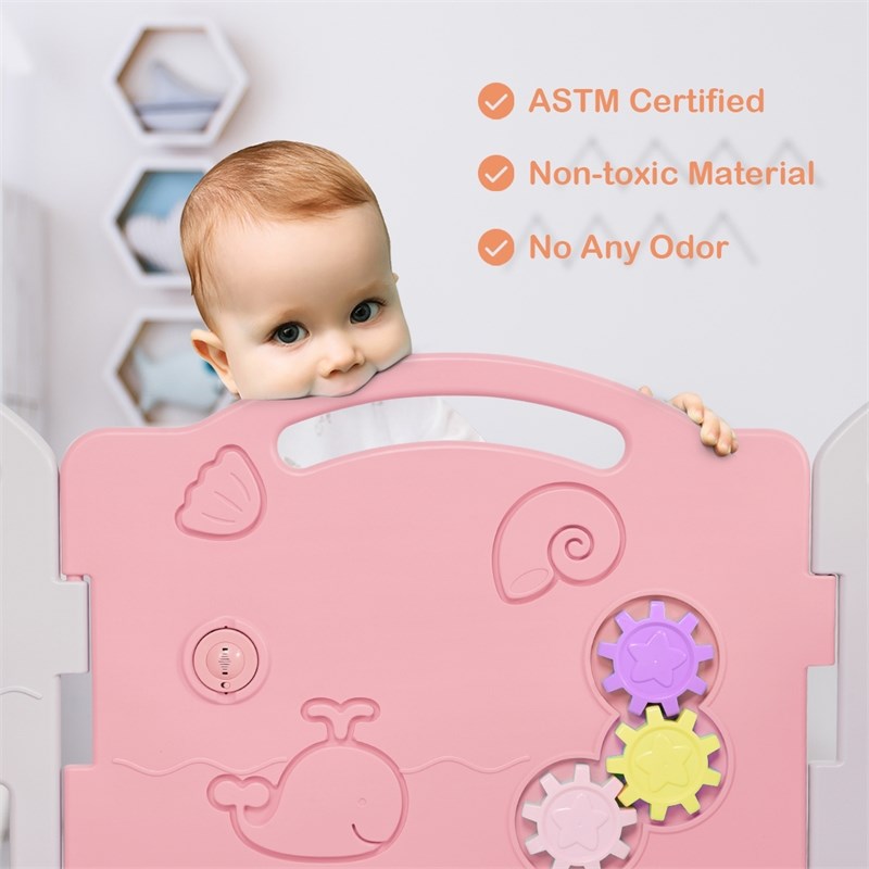 Costway 14-Panel Baby Playpen Activity Center Playard Pink Gray Plastic