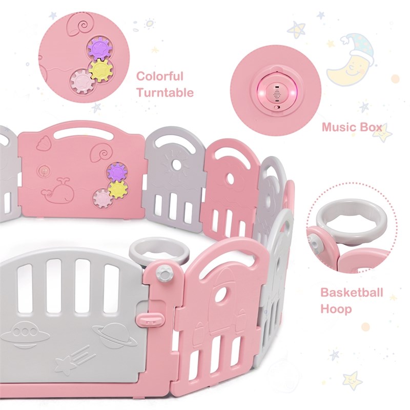 Costway 14-Panel Baby Playpen Activity Center Playard Pink Gray Plastic