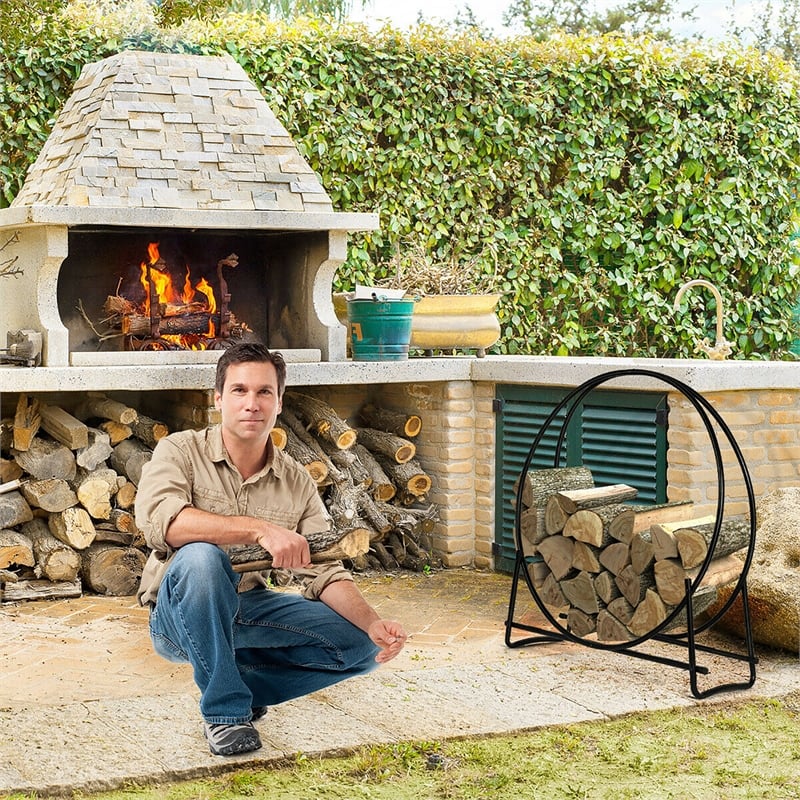 40-Inch Tubular Steel Log Hoop Firewood Storage Rack Holder Round Black Metal