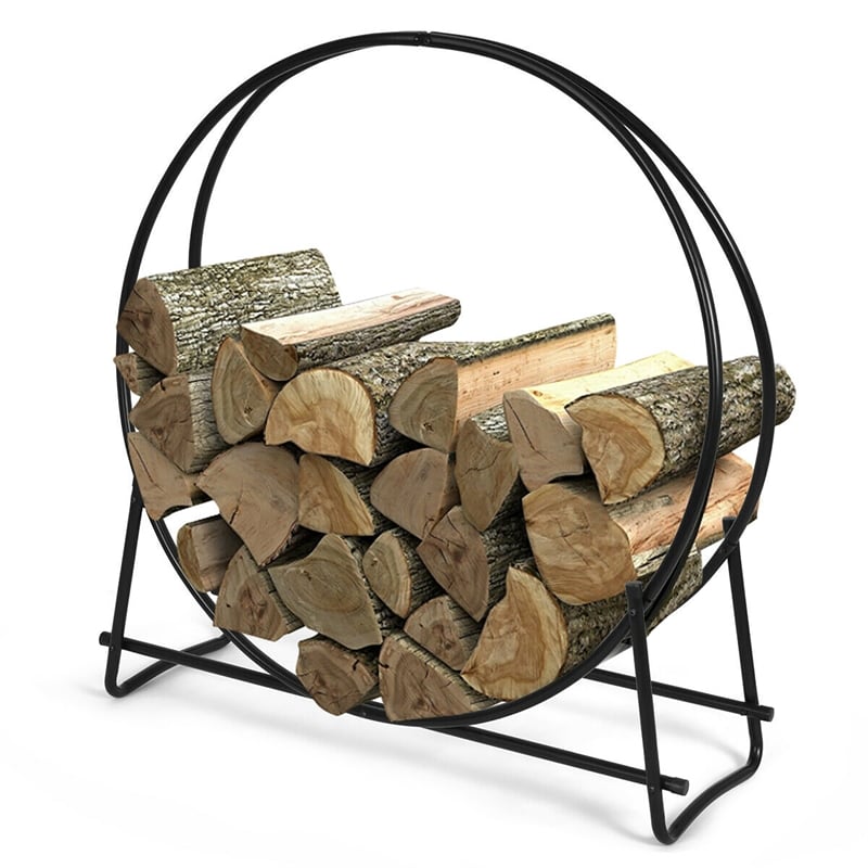 40-Inch Tubular Steel Log Hoop Firewood Storage Rack Holder Round Black Metal