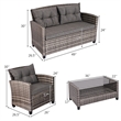 4PCS Patio Rattan Furniture Set Coffee Table Cushioned Sofa Garden Lawn Gray