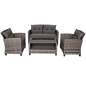 4PCS Patio Rattan Furniture Set Coffee Table Cushioned Sofa Garden Lawn Gray