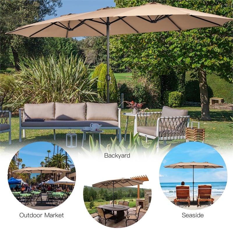 15 Ft Patio Double Sided Umbrella Outdoor Market Umbrella Coffee