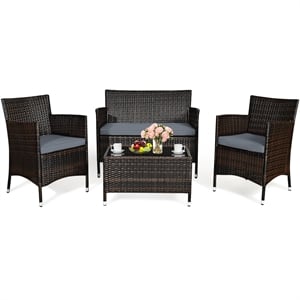 4PCS Rattan Patio Set Cushioned Sectional Sofa Chair Coffee Table Gray