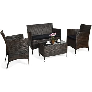 4PCS Rattan Patio Set Cushioned Sectional Sofa Chair Coffee Table Black
