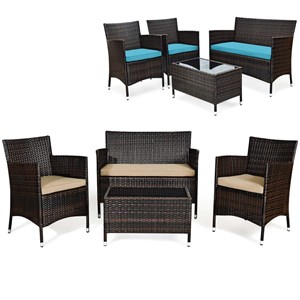 4PCS Rattan Patio Set Cushioned Sectional Sofa Coffee Table Brown&Turquoise