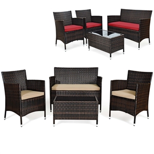 4PCS Rattan Patio Set Cushioned Sectional Sofa Chair Coffee Table Brown & Red