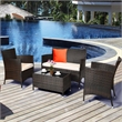 4PCS Rattan Patio Set Cushioned Sectional Sofa Chair Coffee Table Brown & Red