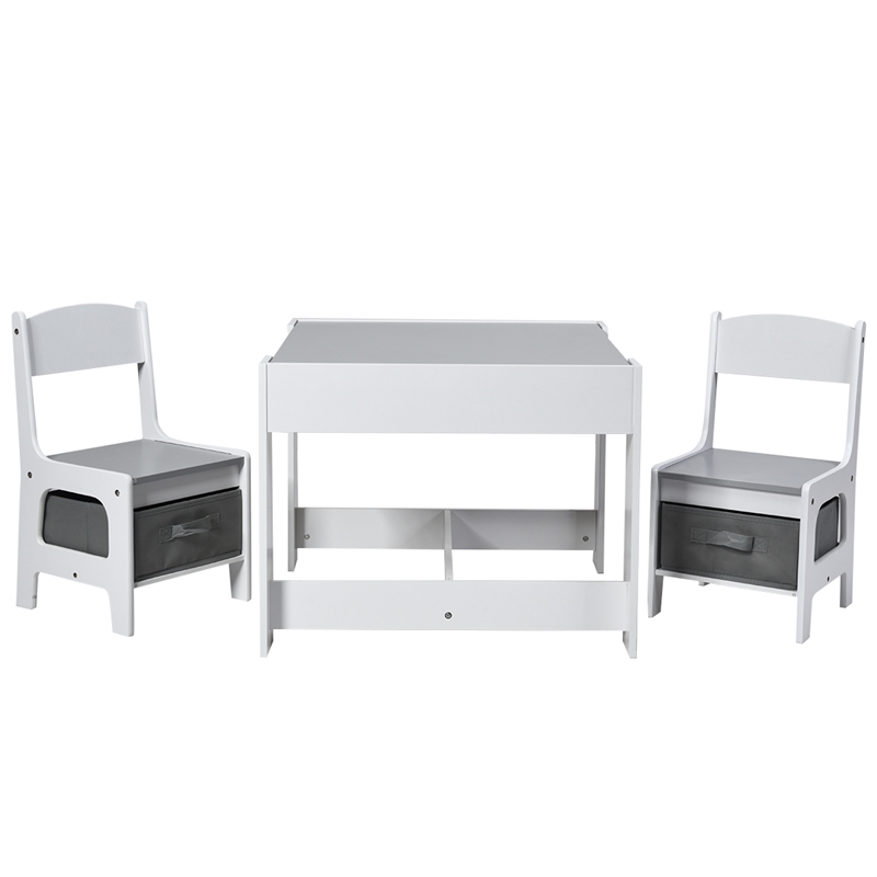 Kids Table Chairs Set With Storage Boxes Blackboard Drawing  Gray