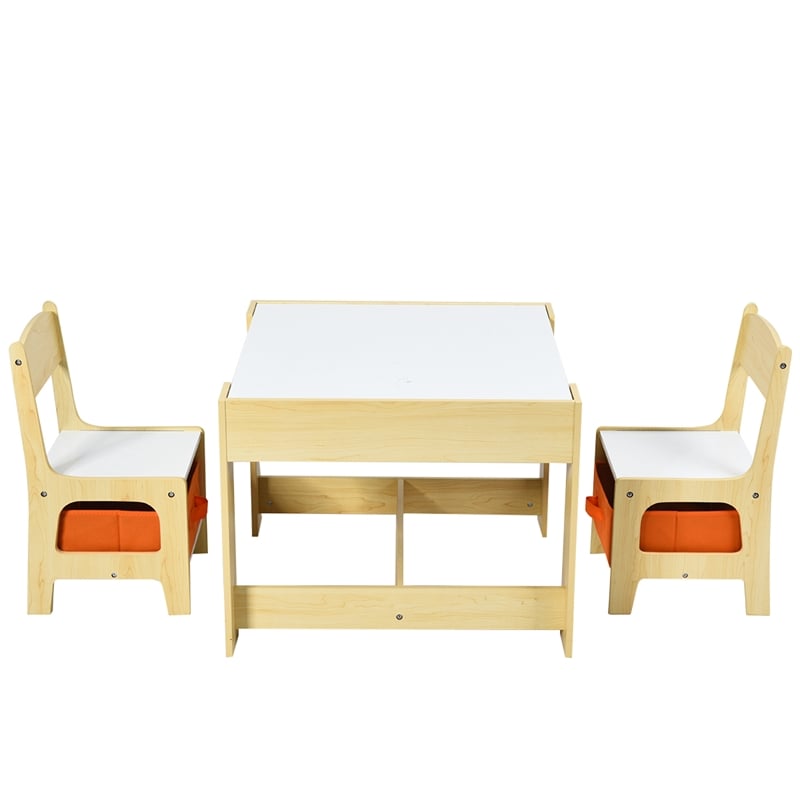 Kids Table Chairs Set With Storage Boxes Blackboard Drawing  Natural