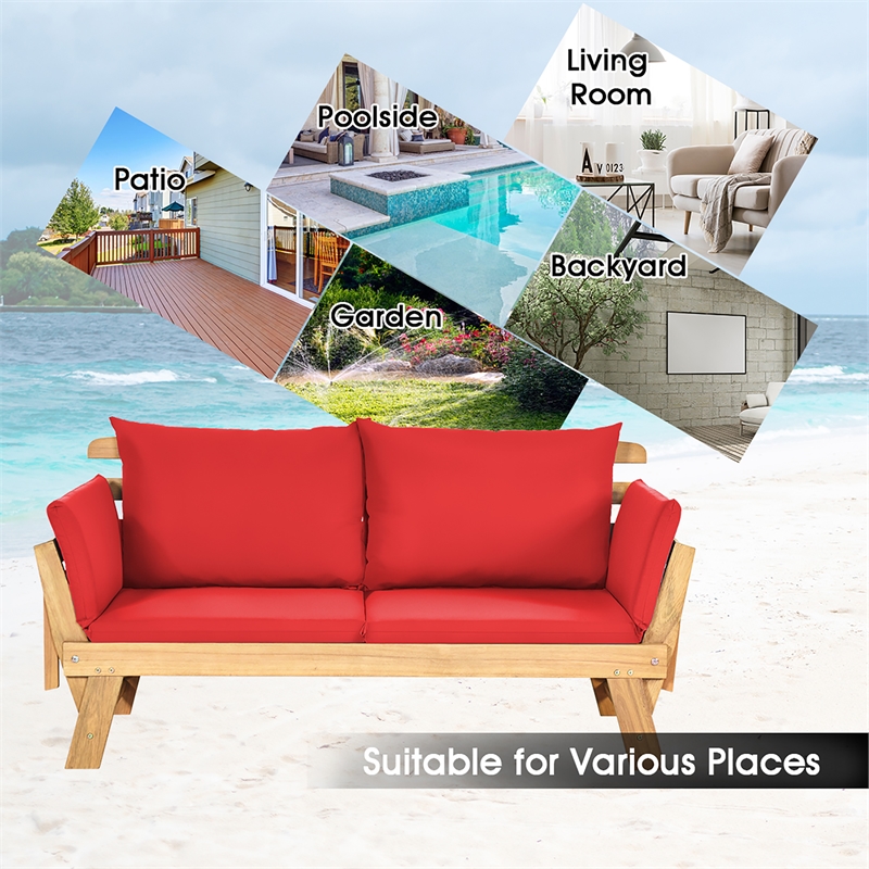 Patio Convertible Sofa Daybed Solid Wood Adjustable Furniture Red