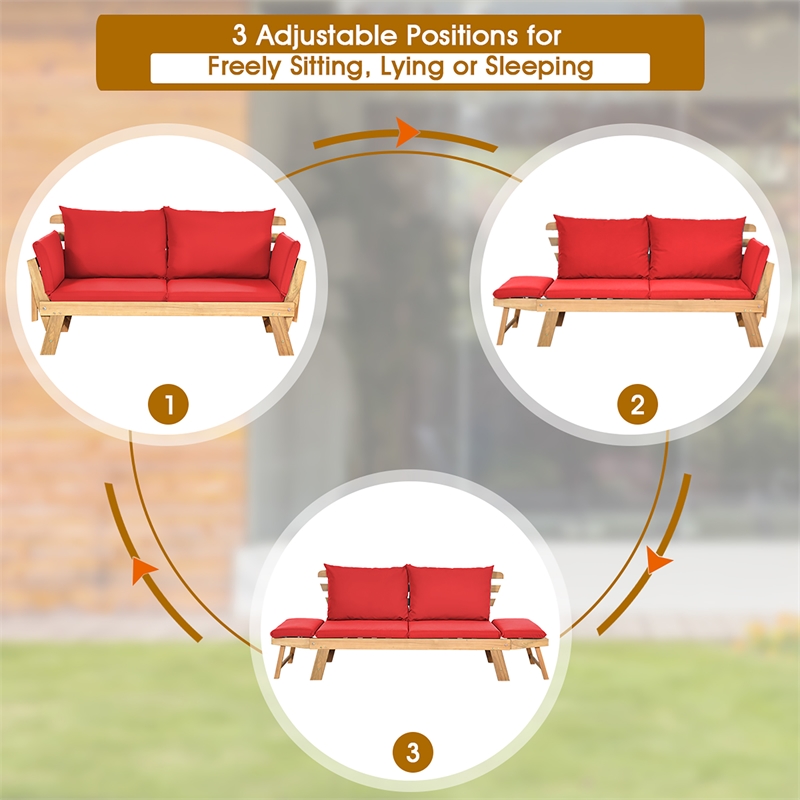 Patio Convertible Sofa Daybed Solid Wood Adjustable Furniture Red