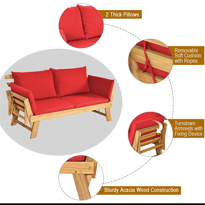 Patio Convertible Sofa Daybed Solid Wood Adjustable Furniture Red
