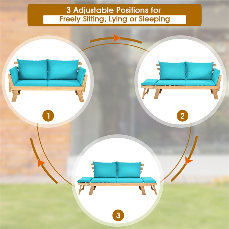 Patio Convertible Sofa Daybed Solid Wood Adjustable Furniture Turquoise
