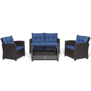 4 PCS Patio Rattan Furniture Set Glass Table Shelf Sofa Cushion Navy