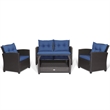 4 PCS Patio Rattan Furniture Set Glass Table Shelf Sofa Cushion Navy