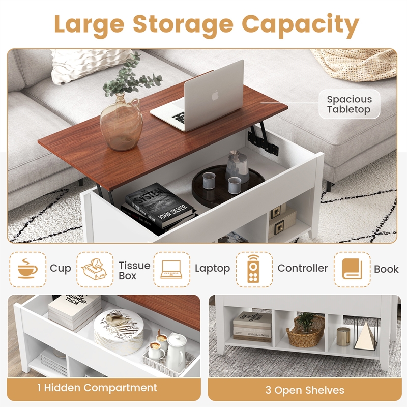 Lift Top Coffee Table w/ Hidden Compartment and Storage Shelves  White