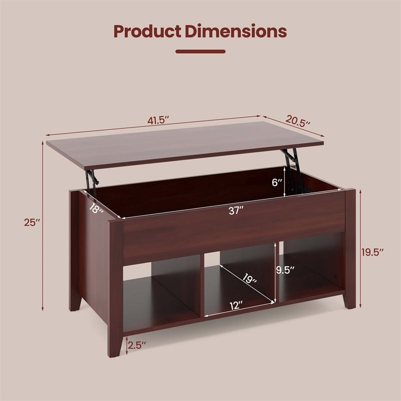 Lift Top Coffee Table w/ Hidden Compartment and Storage Shelves Brown