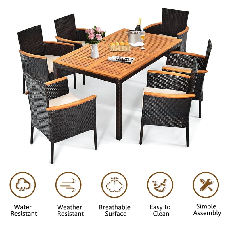 7PCS Patio Rattan Dining Set Armrest Cushioned Chair Wooden Brown