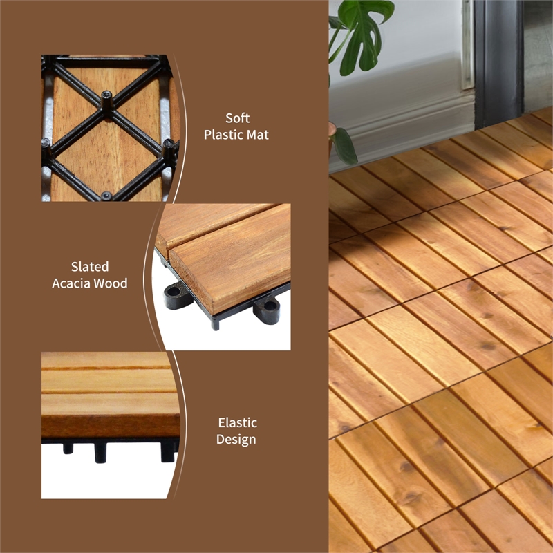 27PCS Patio Interlocking Tiles Acacia Slat Wood Garden