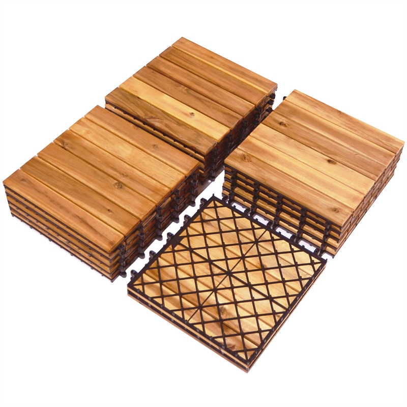 27PCS Patio Interlocking Tiles Acacia Slat Wood Garden
