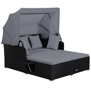 Patio Rattan Daybed Lounge Retractable Top Canopy Gray
