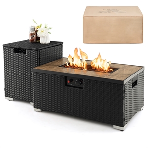 32''x 20'' Propane Rattan Fire Pit Table Set w/ Side Table Tank Black