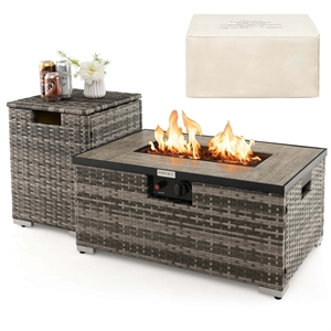 32''x 20'' Propane Rattan Fire Pit Table Set w/ Side Table Tank Gray