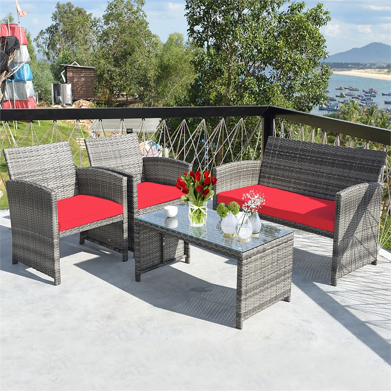 4PCS Patio Rattan Furniture Set Conversation Sofa Cushioned Red