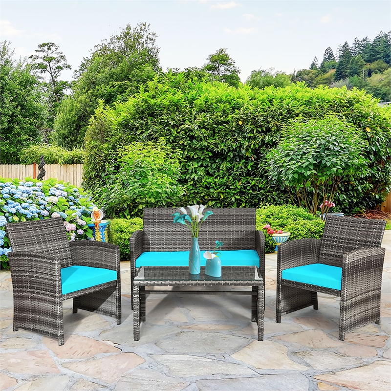 4PCS Patio Rattan Furniture Set Conversation Sofa Cushioned Turquoise