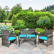 4PCS Patio Rattan Furniture Set Conversation Sofa Cushioned Turquoise