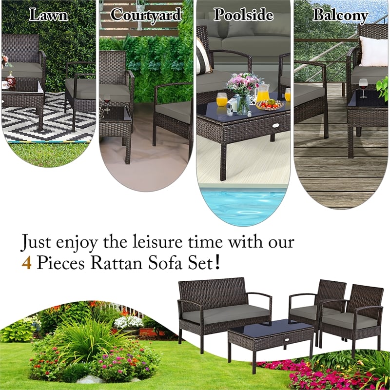 4PCS Patio Rattan Wicker Furniture Set Garden Yard Brown