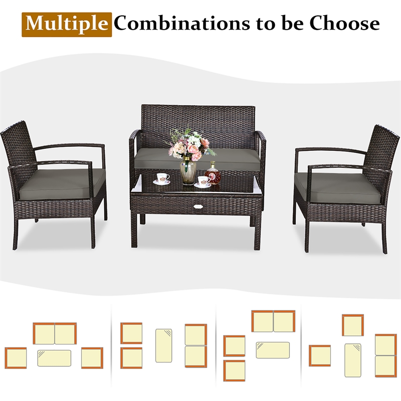 4PCS Patio Rattan Wicker Furniture Set Garden Yard Brown