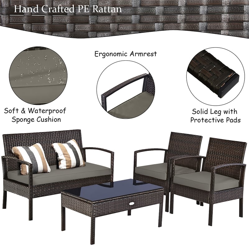 4PCS Patio Rattan Wicker Furniture Set Garden Yard Brown