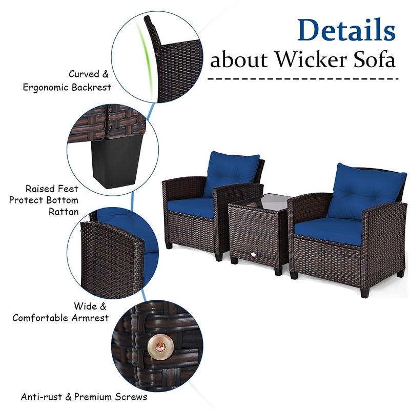 3PCS Patio Rattan Furniture Set Cushioned Conversation Set Sofa Navy