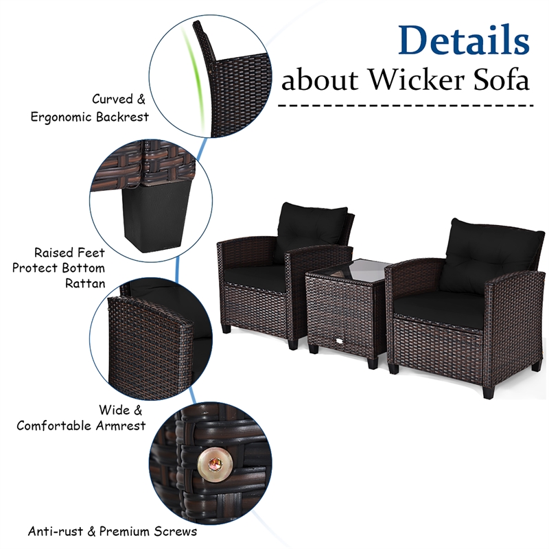 3PCS Patio Rattan Furniture Set Cushioned Conversation Set Sofa Black