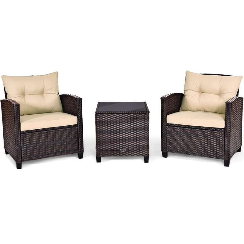 3PCS Patio Rattan Furniture Set Cushioned Conversation Set Sofa Brown