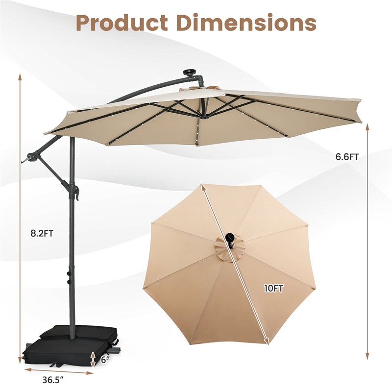 10FT Hanging Offset Umbrella 32 LED Lights Beige