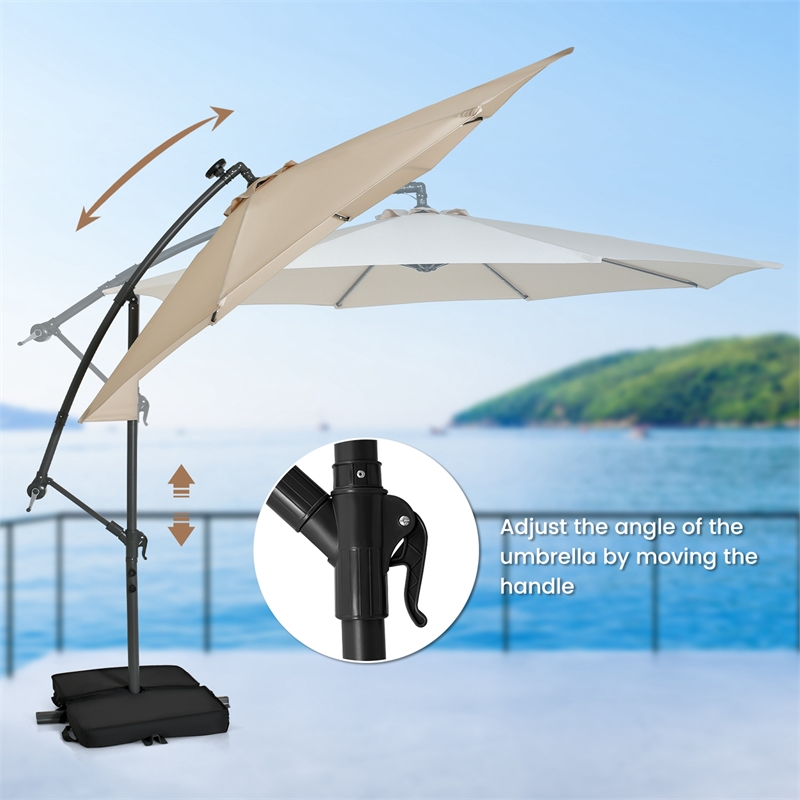 10FT Hanging Offset Umbrella 32 LED Lights Beige