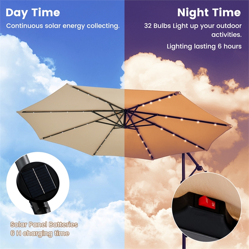 10FT Hanging Offset Umbrella 32 LED Lights Beige