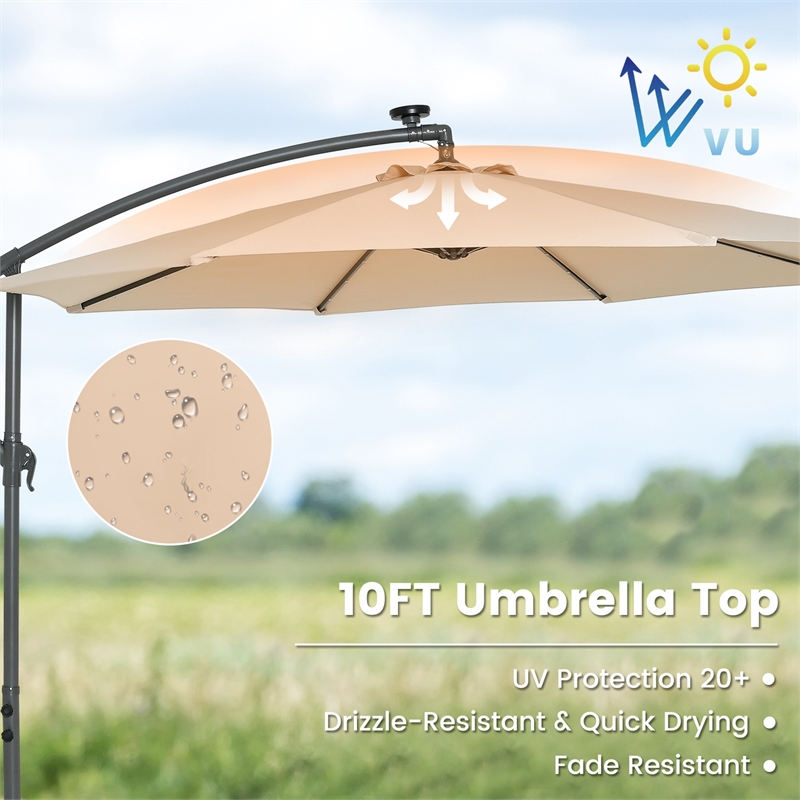 10FT Hanging Offset Umbrella 32 LED Lights Beige