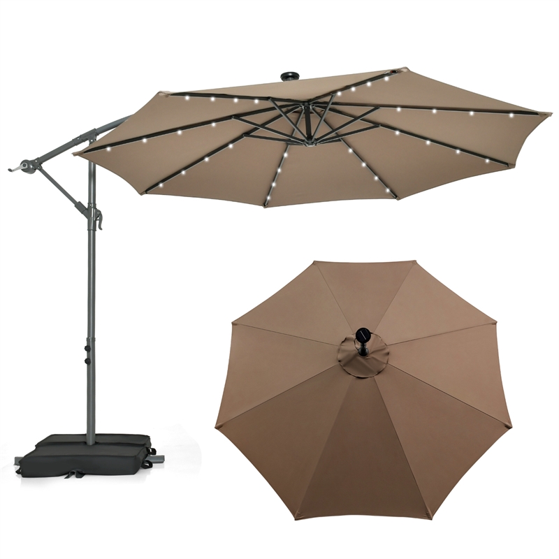 10FT Hanging Offset Umbrella 32 LED Lights Brown