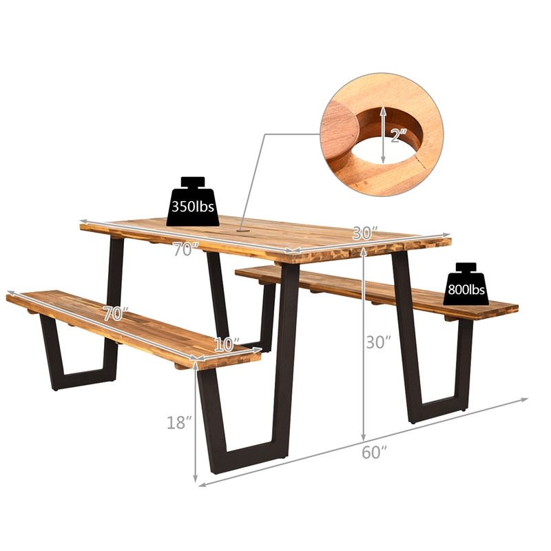 Patented Picnic Table with 2 Benches 70'' Dining Table Yellow