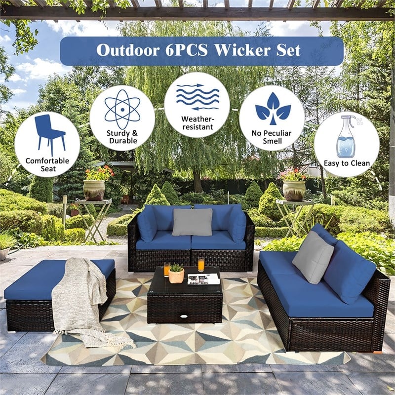 6PCS Outdoor Patio Rattan Furniture Set Sectional Sofa Navy