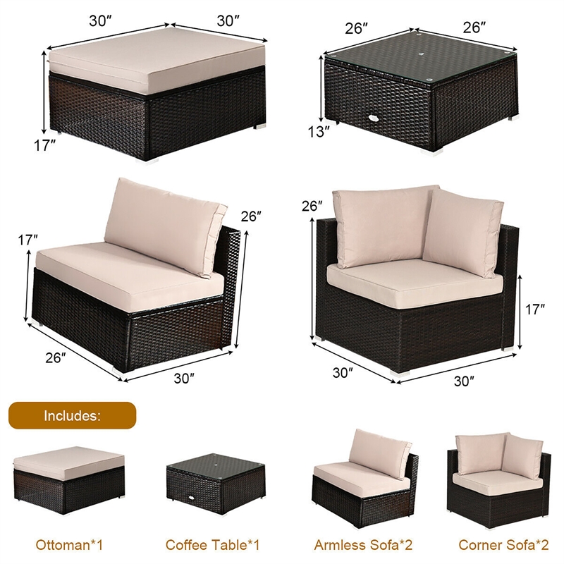 6PCS Outdoor Patio Rattan Furniture Set Sectional Sofa Brown