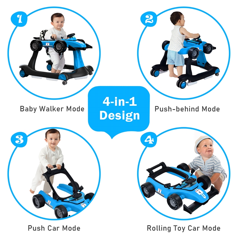 4-in-1 Baby Walker Foldable Activity Push Walker Adjustable Blue