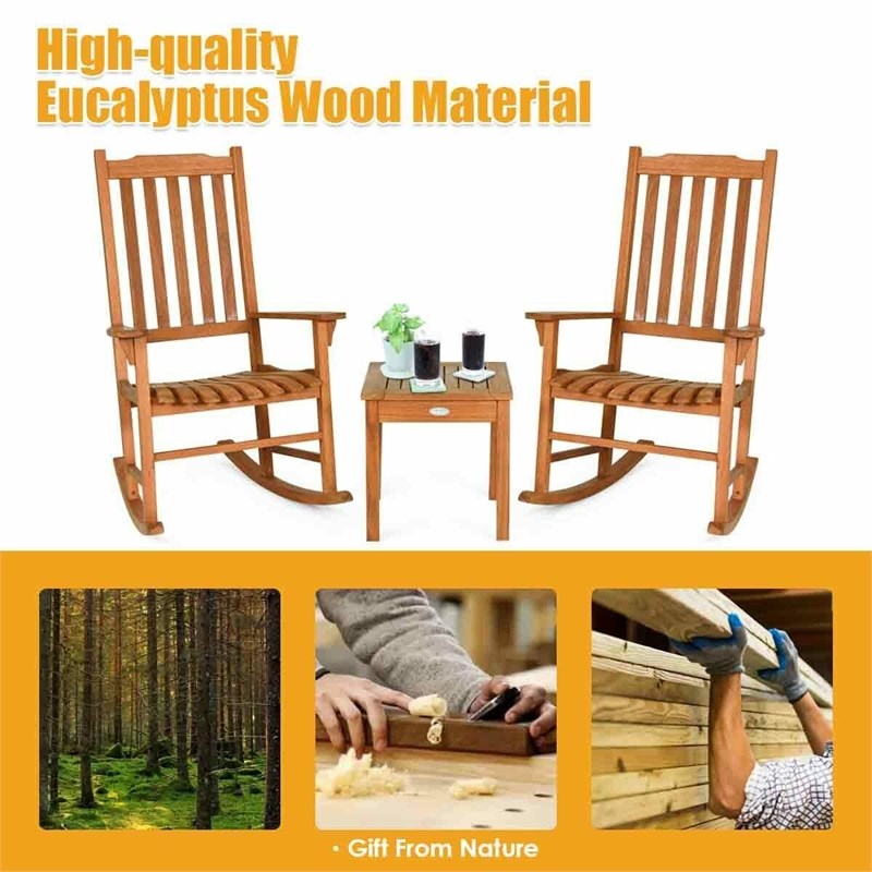 3 PCS Eucalyptus Rocking Chair Set W/ Coffee Table  and 2 Wood Chairs Natural